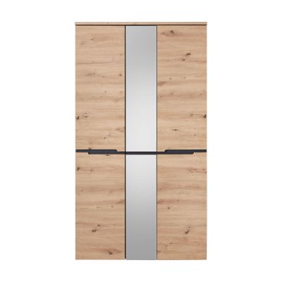 Frontalansicht eines hohen Garderobenschrankes in Holzoptik mit mittigem Spiegelelement.