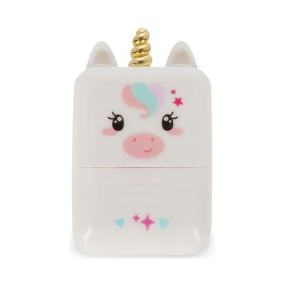 Weißer Deko-Rollstempel im Einhorn-Design, geschlossen als kompakte Tierfigur frontal dargestellt.