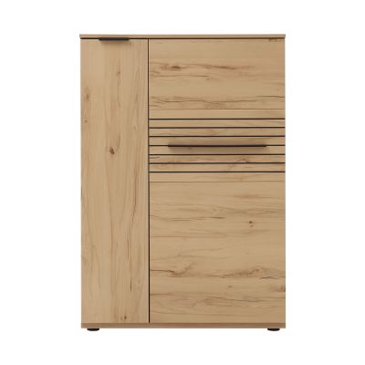 Interliving 2032 Highboard in natürlicher Holzoptik mit geschlossener Tür und Schublade in Frontansicht