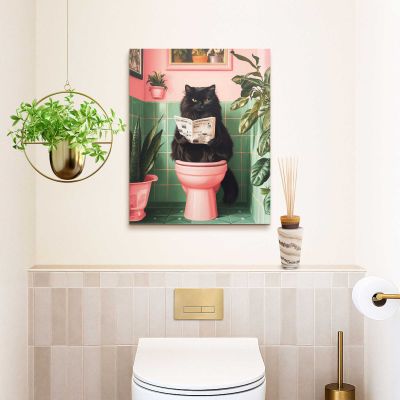 Das Wandbild „Cat Break“ in Rosa, 40 × 50 cm, hängt in einem eingerichteten Wohnraum und zeigt die Größenwirkung an der Wand.