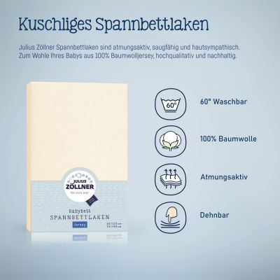 Verpacktes ecrufarbenes Julius Zöllner Spannbettlaken mit grafischen Symbolen zu 60° Waschbarkeit, 100 % Baumwolle, Atmungsaktivität und Dehnbarkeit