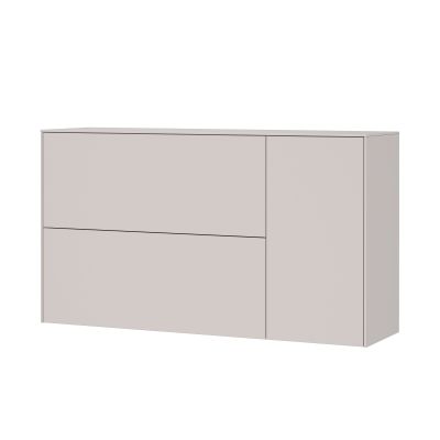Moderner Schuhschrank in Beige, geschlossene Schrägansicht.
