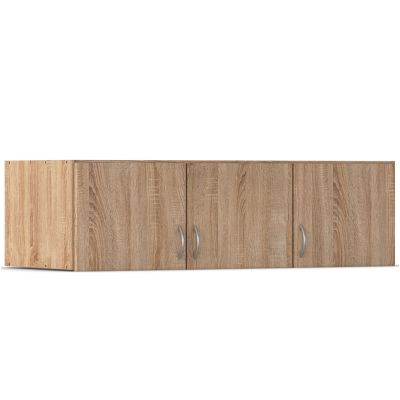 Dreitüriges Aufsatzelement in Holzdekor mit silberfarbenen Griffen, daneben Maßangaben 39 cm Höhe, 54 cm Tiefe und 136 cm Breite, auf weißem Hintergrund