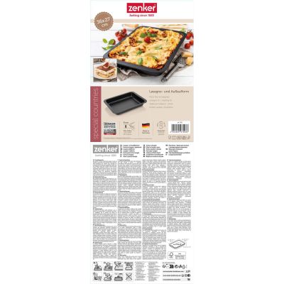 Rückseite der Verpackung einer Auflaufform mit technischen Angaben und Nutzungshinweisen