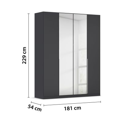 Grau-Metallicer Kleiderschrank mit Spiegeltüren und eingezeichneten Maßen 181 cm Breite, 229 cm Höhe und 54 cm Tiefe