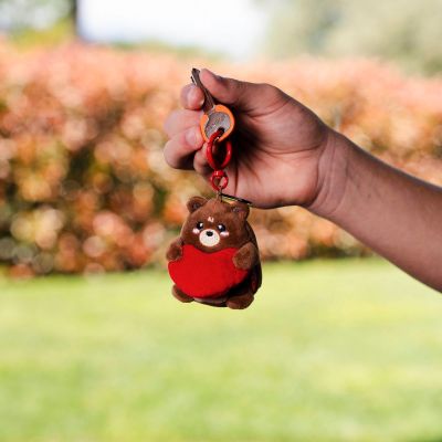 Brauner Teddybär-Plüsch-Schlüsselanhänger mit rotem Herz, an seinem Ring von einer Hand im Freien gehalten gezeigt.
