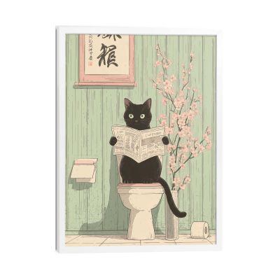 Frontansicht des Wandbilds „Japandi Toilet Cat“ in Grün, Größe 50 × 70 cm; das vollständige Motiv ist zu sehen.
