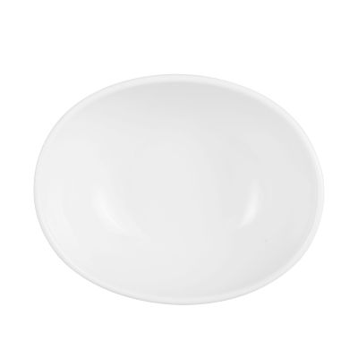 Schale in Weiß. Darstellung: Draufsicht. Merkmale: oval mit geschwungenem Rand und kleinem Fuß.