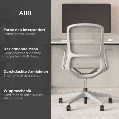 Infografik zum hellgrauen Drehstuhl Airi mit Rückansicht; genannt werden monochromes Design, atmungsaktives Mesh, Armlehnen und Wippmechanik.