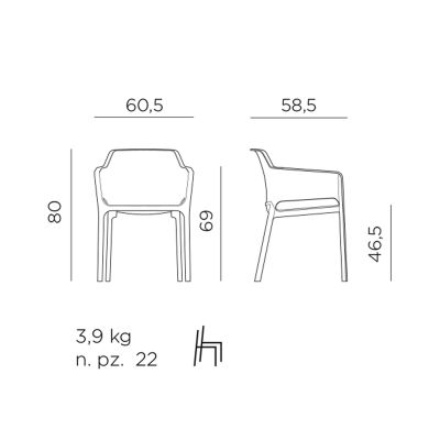 Technische Zeichnung eines Stuhls mit Armlehnen, von vorne und von der Seite dargestellt. Die Maße sind mit 80 cm Höhe, 60,5 cm Breite, 58,5 cm Tiefe, 69 cm Armlehnenhöhe und 46,5 cm Sitzhöhe angegeben. Das Gewicht beträgt 3,9 kg, und es können 22 Stück g