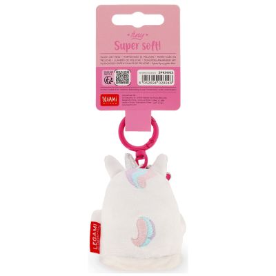Einhorn-Plüsch-Schlüsselanhänger, von hinten an der Kartonaufhängung gezeigt.