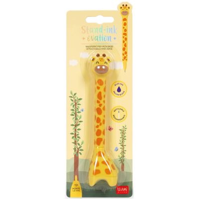 Gelber Kugelschreiber mit Giraffen-Standfuß, in einer langen transparenten Blisterverpackung dargestellt.
