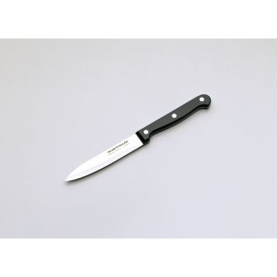Allzweckmesser Küchenchef: Allzweckmesser mit schwarzem vernieteten Griff schräg auf grauem Hintergrund.
