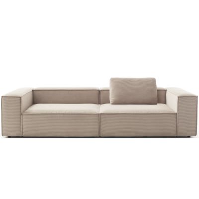 Sofa mit zwei Sitzflächen breiten Armlehnen und einem Rückenkissen vor weißem Hintergrund