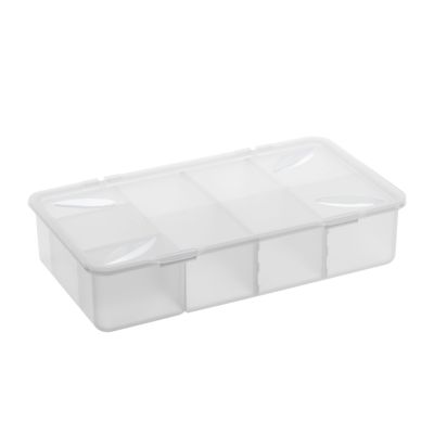 Transparente Kunststoffbox mit Deckel und sechs gleich großen Fächern zur Aufbewahrung kleiner Gegenstände