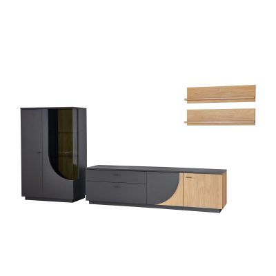 Moderne graue Wohnkombination mit beleuchteter Vitrine, TV-Lowboard und zwei Wandregalen auf weißem Hintergrund