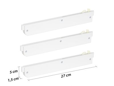 Drei weiße Schwebetürendämpfer mit Schrauben und Kunststoffteilen, daneben Maßangaben 27 cm Länge, 5 cm Höhe und 1,5 cm Tiefe