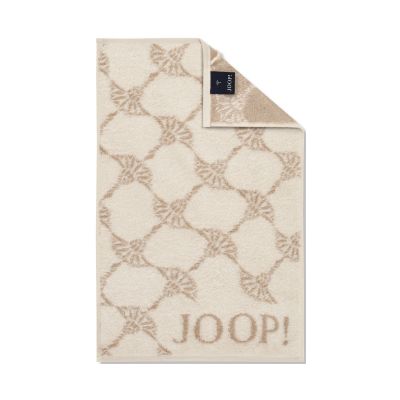 Cremefarbener JOOP! Cornflower Gästetuch, 30 × 50 cm, flach dargestellt mit wiederholtem Cornflower-Muster, umgeschlagener Ecke und JOOP!-Schriftzug unten.