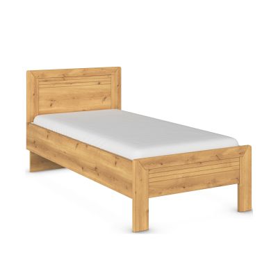 Einzelbett aus Holz in Eicheoptik mit weißer Matratze