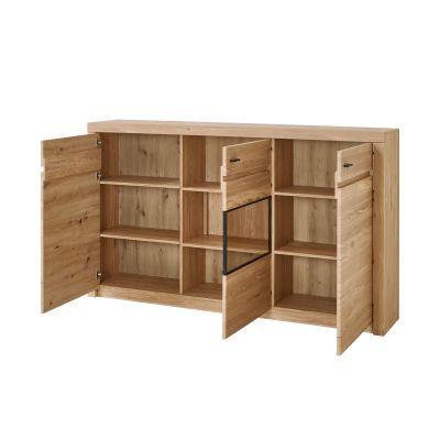 Geöffnetes Sideboard mit mehreren Einlegeböden Schubladen und Stauraum hinter den Türen