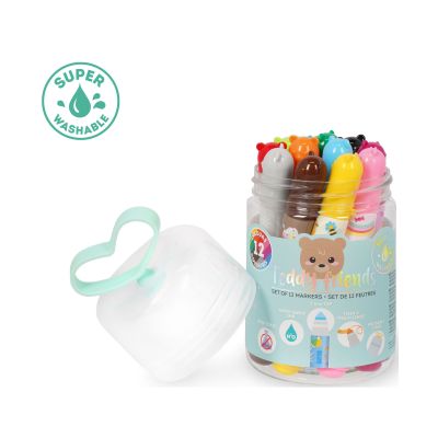 Zwölf Filzstifte mit Teddybär-Motiven, in einem runden Stiftebecher mit abgenommener Kappe gezeigt.