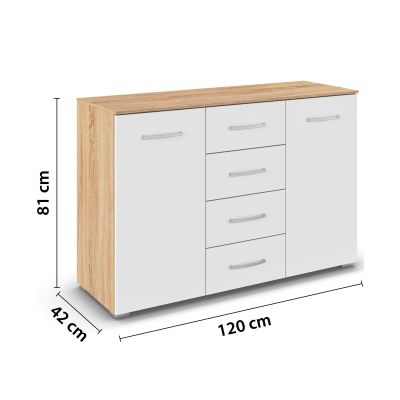 Sideboard in Weiß mit Eiche Optik mit Maßangaben Breite 120 cm, Höhe 81 cm und  Tiefe 42 cm mit Türen und Schubladen