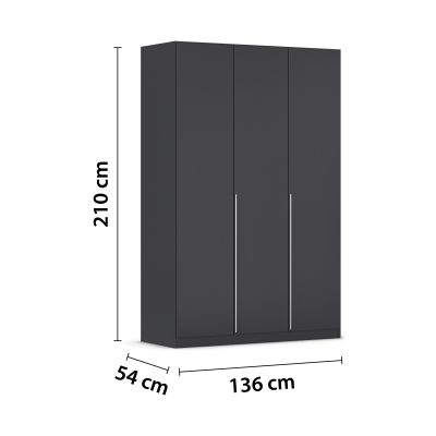 Grau-Metallicer Kleiderschrank mit eingezeichneten Maßen von 210 cm Höhe, 136 cm Breite und 54 cm Tiefe