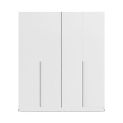 Frontansicht eines weißen Kleiderschranks mit vier Türen und geradlinigem, minimalistischem Design