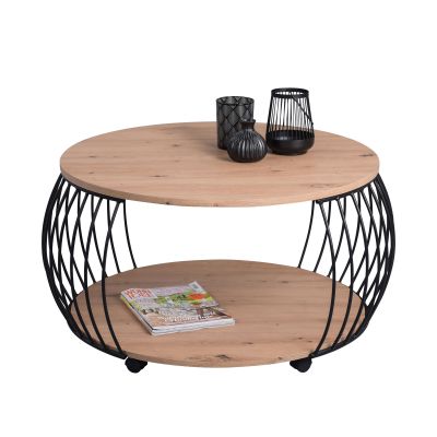 Runder Couchtisch mit Holzplatten und schwarzem Metallgestell, darauf schwarze Dekovasen, unten eine Zeitschrift auf dem Ablageboden