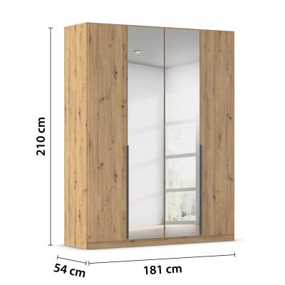 Kleiderschrank in Eiche Artisan mit Spiegeltüren und Maßangaben Breite 181 cm, Höhe 210 cm und Tiefe 54 cm