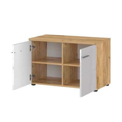 Geöffnete weiße Kommode mit Holzdetails und vier Innenfächern