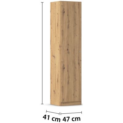 Schrägansicht eines 1-türigen Drehtürenschranks im Dekor Eiche Artisan mit Griff in Grau Metallic, Maße Breite 47 cm, Höhe 197 cm, Tiefe 41 cm