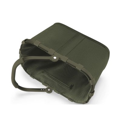 Kleiner Einkaufskorb von Reisenthel, Modell Carrybag XS, in Dunkelgrün aus geripptem Cord, auf die Seite gelegt mit sichtbarem Rahmen und eingeklapptem Griff.