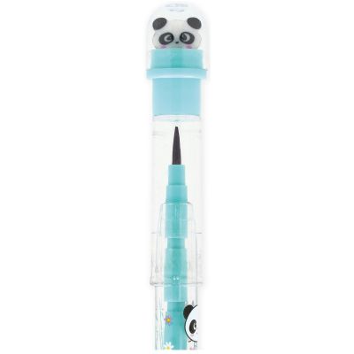 Türkiser Stapelbleistift mit Panda-Radierer, in Nahaufnahme mit dem Tier-Radierer am oberen Ende gezeigt.