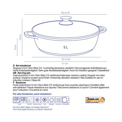 Produktzeichnung einer schwarzen Servierpfanne mit Glasdeckel Maßangaben und Pflegehinweisen