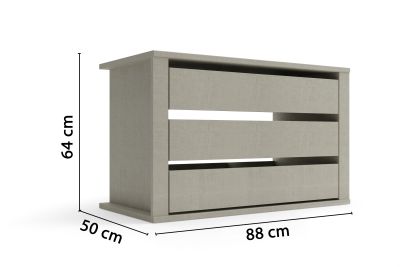 Eine braune Kommode mit drei Schubladenfächern, daneben sind Maßangaben mit 64 cm Höhe, 50 cm Tiefe und 88 cm Breite angegeben
