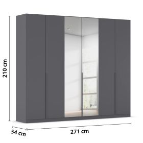 Grau-Metallicer 6-türiger Kleiderschrank mit Spiegel und Maßangaben 271 cm Breite, 210 cm Höhe und 54 cm Tiefe