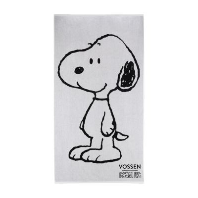 Schwarz-weißes Vossen Strandtuch Snoopy Beach mit Snoopy-Figur als Motiv.