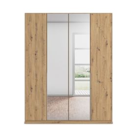 Frontansicht eines 4-türigen Kleiderschranks in Eiche Artisan mit durchgehender Spiegelfläche und minimalistischem Design