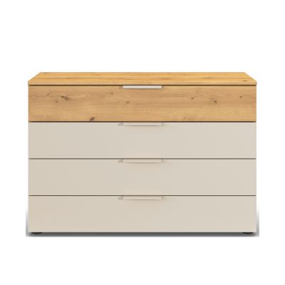 Kommode in Asteiche mit Fronten in Champagner, 4 Schubkästen, in frontaler Ansicht dargestellt.