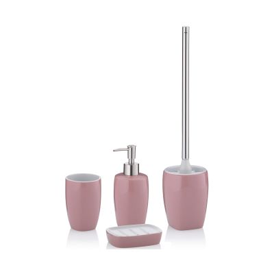 Rosa Badaccessoires Set mit Seifenspender Seifenschale Zahnputzbecher und Toilettenbürste