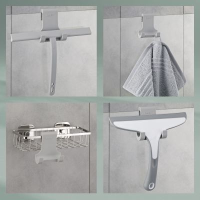 Collage mit aufgehängtem Handtuch Kulturbeutel Badutensilien und Duschabzieher am Wandhaken