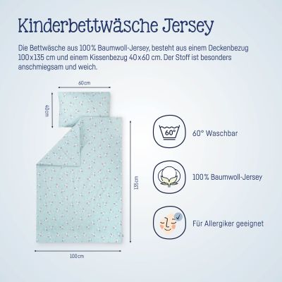 Infografik zur Jersey-Kinderbettwäsche mit Größenangaben, Waschsymbolen und Materialhinweisen