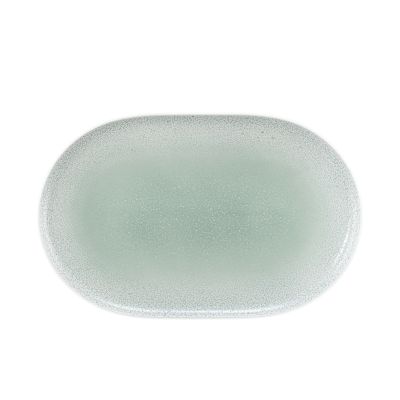Servierplatte in Mint. Sichtbare Merkmale: ovale Form mit abgerundeten Ecken und feiner Sprenkelung. Darstellung: Draufsicht.
