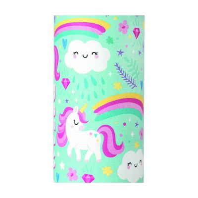 Mintfarbenes Kaleidoskop im Einhorn-Design, mit der bedruckten Motivkarte des Kaleidoskops dargestellt.