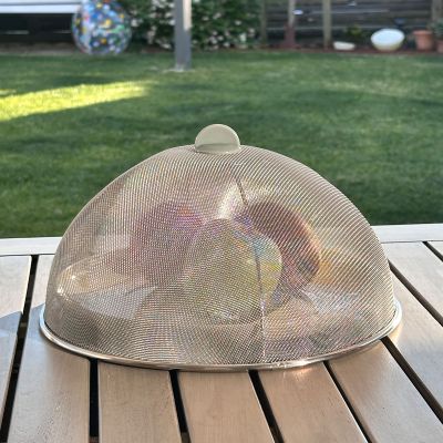 Runde Speisenetzhaube aus feinmaschigem Netz auf einem Holztisch im Außenbereich