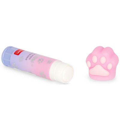 Rosa Klebestift mit Katzenpfoten-Kappe, waagerecht mit sichtbarem Klebestift und separat liegender Kappe dargestellt.
