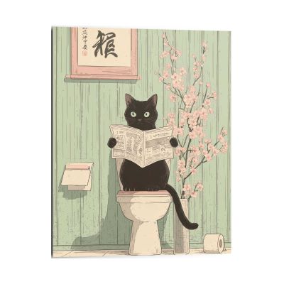 Frontansicht des Wandbilds „Japandi Toilet Cat“ in Grün, Größe 40 × 50 cm; das vollständige Motiv ist zu sehen.