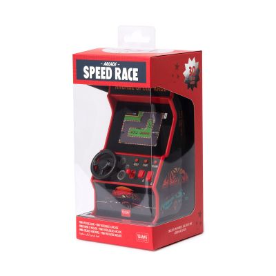 Rotes Mini-Arcade-Rennspiel, in einer transparenten Speed-Race-Verpackung dargestellt.