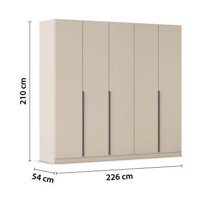 Champagnerfarbener 5-türiger Kleiderschrank mit Maßangaben Breite 226 cm, Höhe 210 cm und Tiefe 54 cm